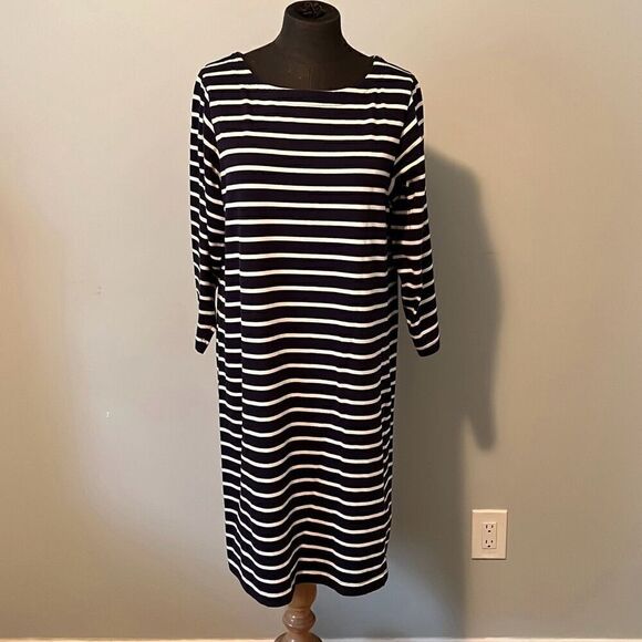 L.L.Bean Women's Navy And White Striped Long Sleeve Shift Dress - Picture 1 of 6